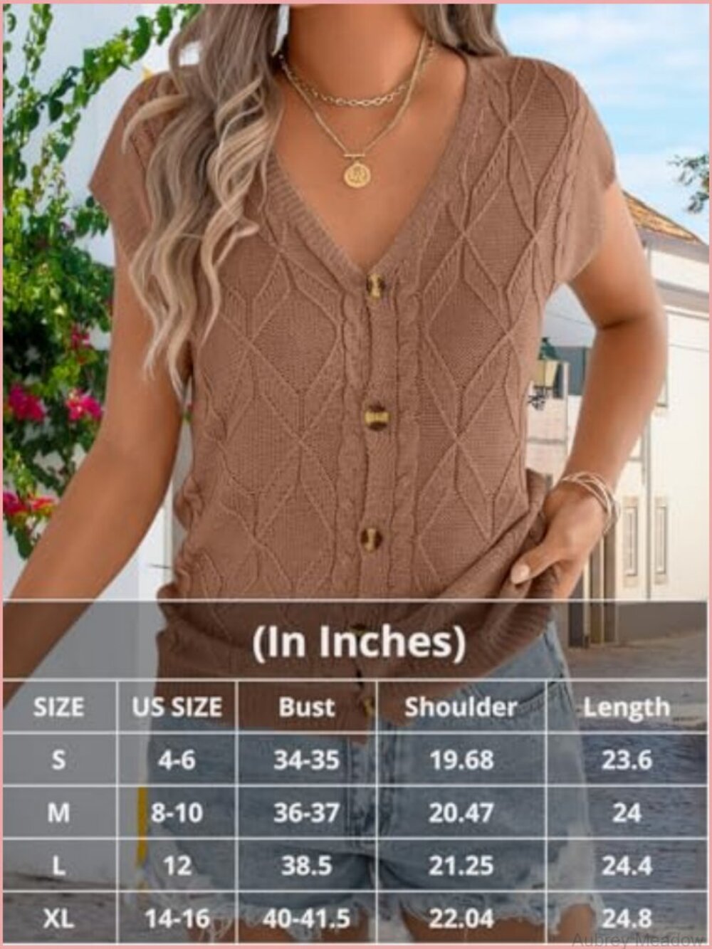 Cap Sleeve V Neck Sweater Vest, Cable Knit Button Down Cardigan, Lightweight - Picture 7 of 7